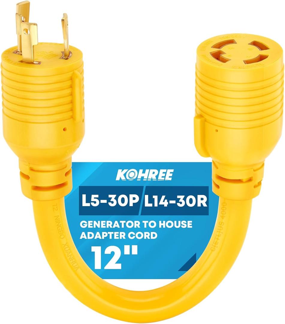 Kohree NEMA L5-30P to L14-30R Adapter Cord, 3 Prong to 4 Prong Generator Adapter, STW 10 AWG 12", 30 Amp L5-30P Male Generator to L14-30R Transfer Switch Female Adapter, Yellow