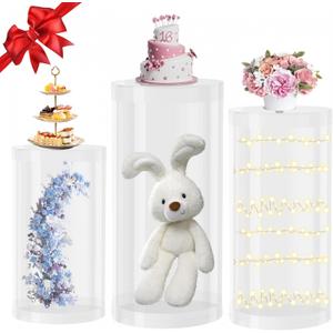 [2025 Upgraded] Cylinder Pedestal Stands Set of 3, Thickened Clear Cylinder Pedestal for Party Dessert Cake Table Pedestal Stand Display Pillars for Home Decoration, Wedding, Birthday