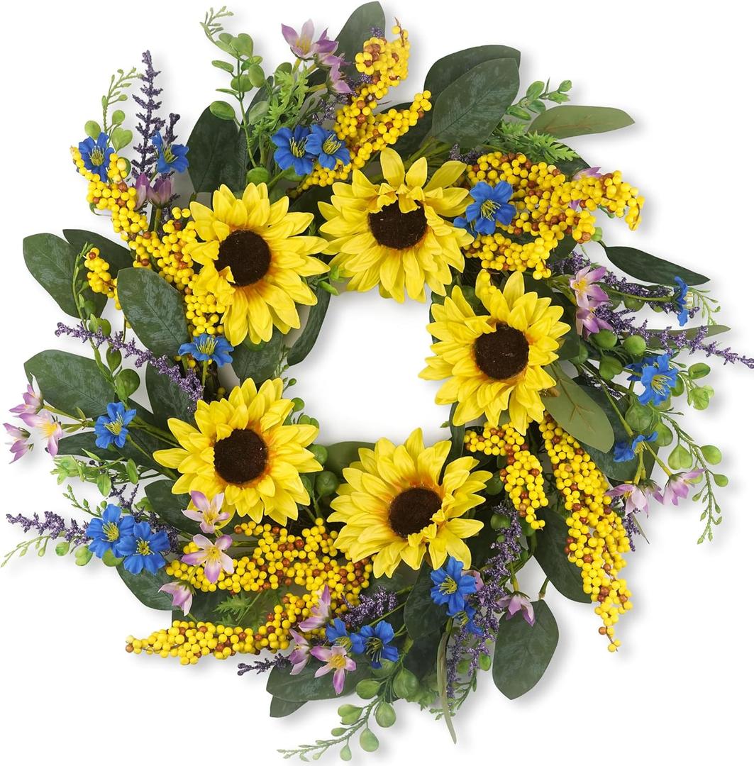 Wreaths for Spring and Summer 22 inch, Artificial Sunflower Wreath for Front Door with Green Leaves, Floral Wreath for Indoor and Outdoor