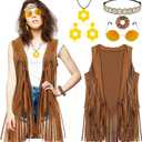 60s 70s Outfits for Women Groovy Outfits Clothes Women Brown Fringe Vest 70s Costume Tops Sunglasses Necklaces (X-Large)