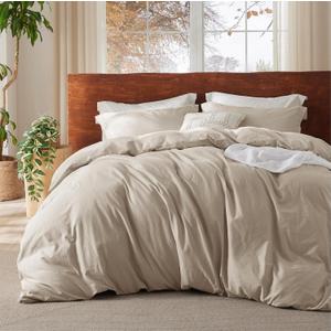 Bedsure 100% Washed Cotton Duvet Cover Cal King - Beige Minimalist Cotton Duvet Cover Linen Like - 3 Pieces GentleSoft Plain Simple Bedding Set with 2 Pillow Shams (Beige, California King, 104"x98") (California King (104" x 98"), 03 - Beige (No Comforter))