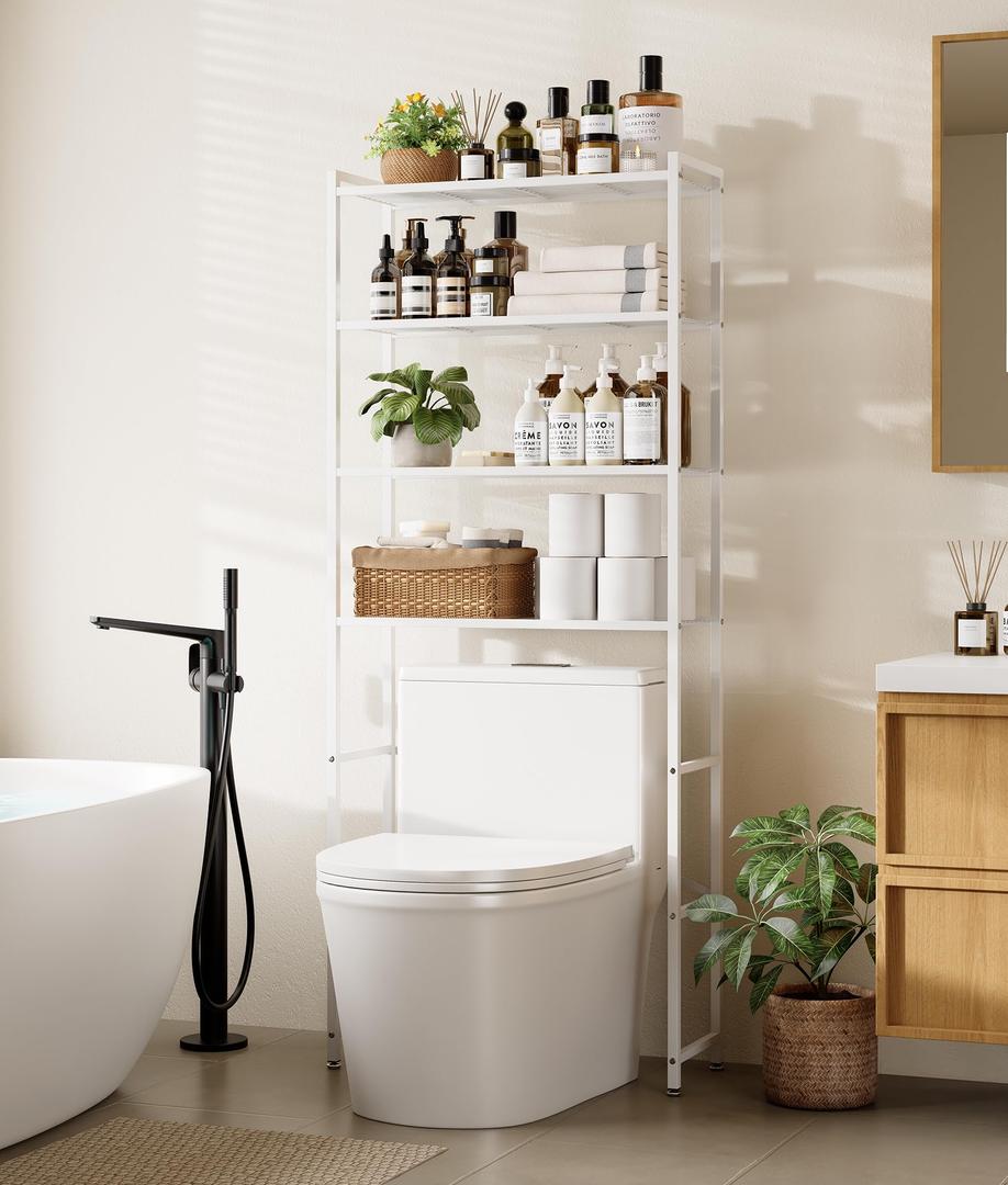 Tujurich 4-Tier Over The Toilet Storage Rack, Bathroom Organizer with One-Piece Metal Mesh Shelves, Over Toilet Shelf with Adjustable Feet & Anti-Tip Kit, Space-Saving Bathroom Storage, White