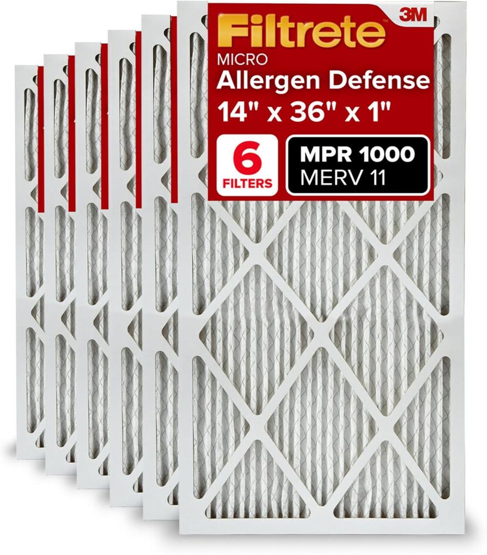 Filtrete 14x36x1 AC Furnace Air Filter, MERV 11, MPR 1000, Micro Allergen Defense, 3-Month Pleated 1-Inch Electrostatic Air Cleaning Filter, 6 Pack (Actual Size 13.88x35.9x0.81 in)