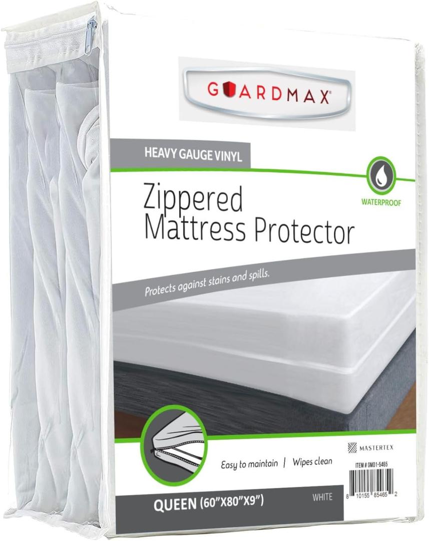 Guardmax Heavy Duty Vinyl Queen Zippered Mattress Encasement - Waterproof & Breathable Mattress Protector - Comfortable, Soft, and Noiseless Zippered Bedding - Dust Mite Proof (60 x 80 x 9)