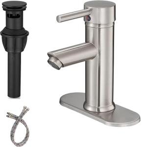 Brushed Nickel Bathroom Faucet, 1 Hole Bathroom Sink Faucet, Single Handle Aerator Spout Saving Water Lavatory Vanity Sink Faucet with Pop Up Drain and Overflow Mixer Tap Supply Line