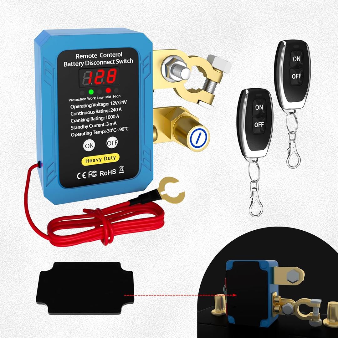 DaierTek 240A Remote Battery Disconnect Switch with Voltage Display 12V/24V Kill Switch with Voltmeter Anti Theft Cut Off Switch for Automotive Car Boat