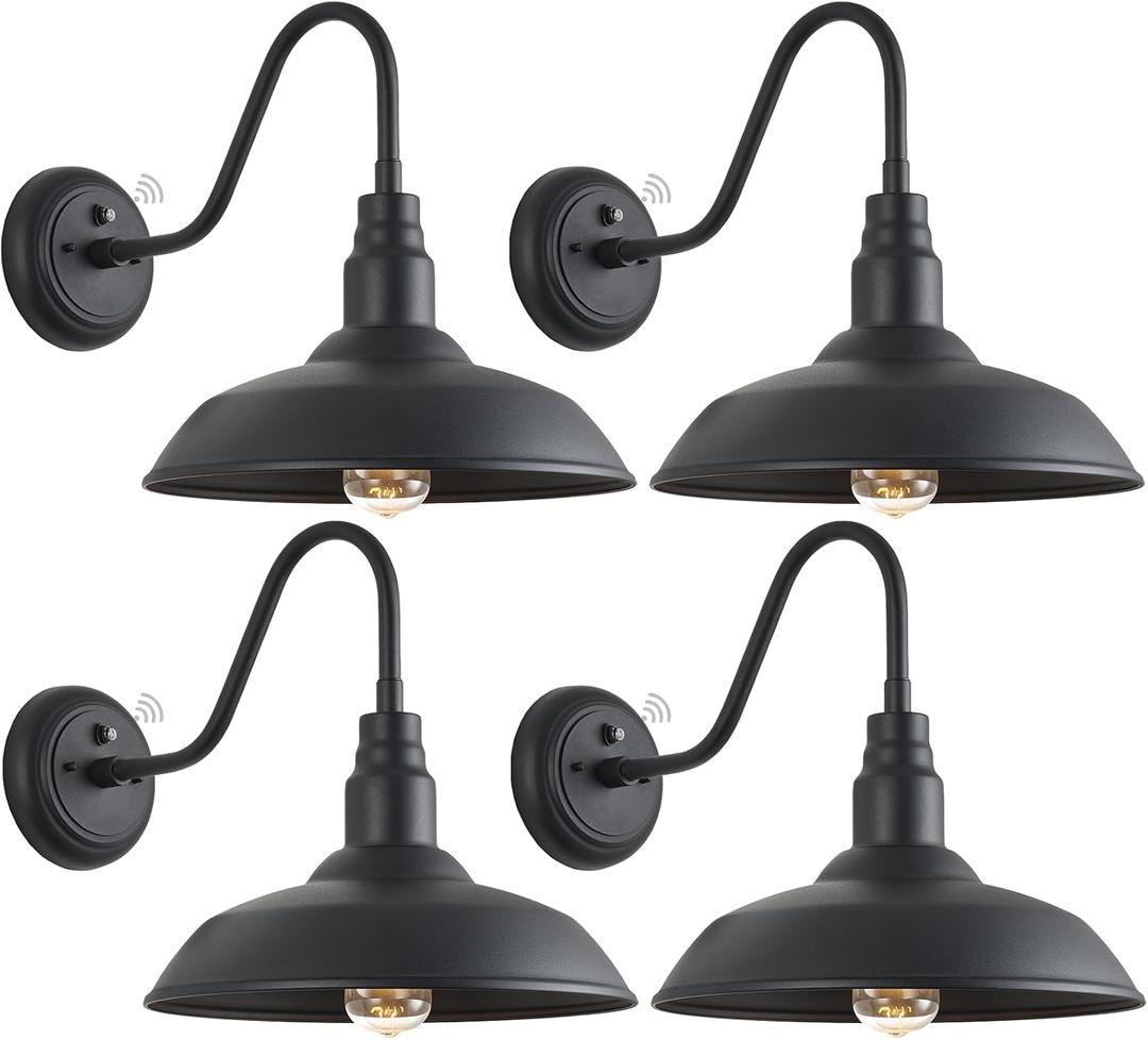 14 Inch Dusk to Dawn Barn Lights Outdoor, Large Gooseneck Barn Light, Matte Black Exterior Goose Neck Light, Outside Farmhouse Light Fixtures Wall Sconce for Porch, Garage, House, 4 Pack, 14" Dome X 4