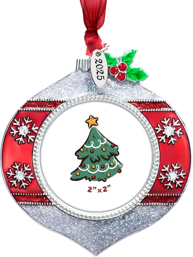 Mulumu 2025 Christmas Tree Ornament Picture Frame Metal Hanging Pendant Holiday 2" Photo Frame Charm Decorative of Pets, Baby First Christmas, Family (2025 Style 3)