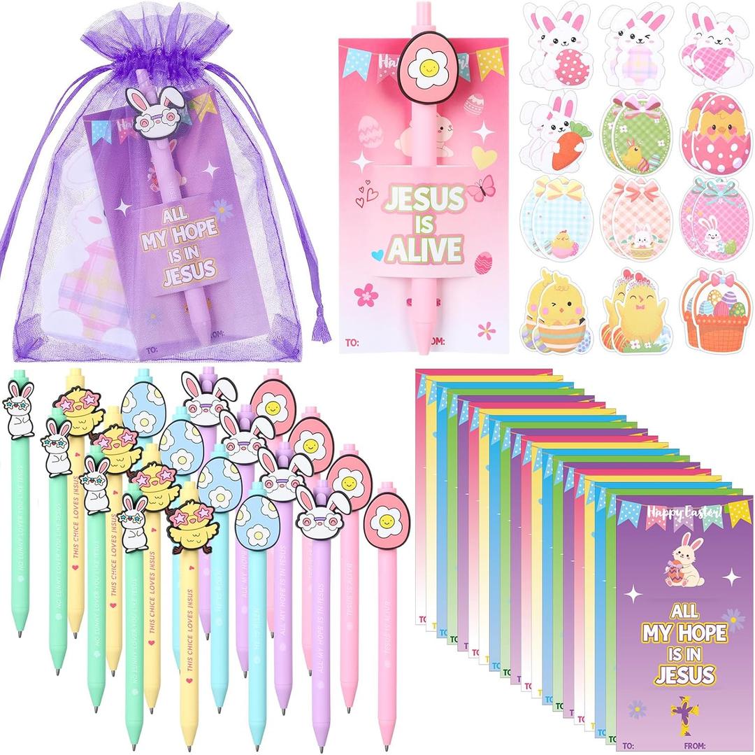 Epakh 72 Pcs Easter Gifts for Kids Bulk Pens with Jesus Greeting Cards Bunny Eggs Sticky Note Bags Religious Easter Basket Stuffers for Students Coworkers Office Classroom School Supplies