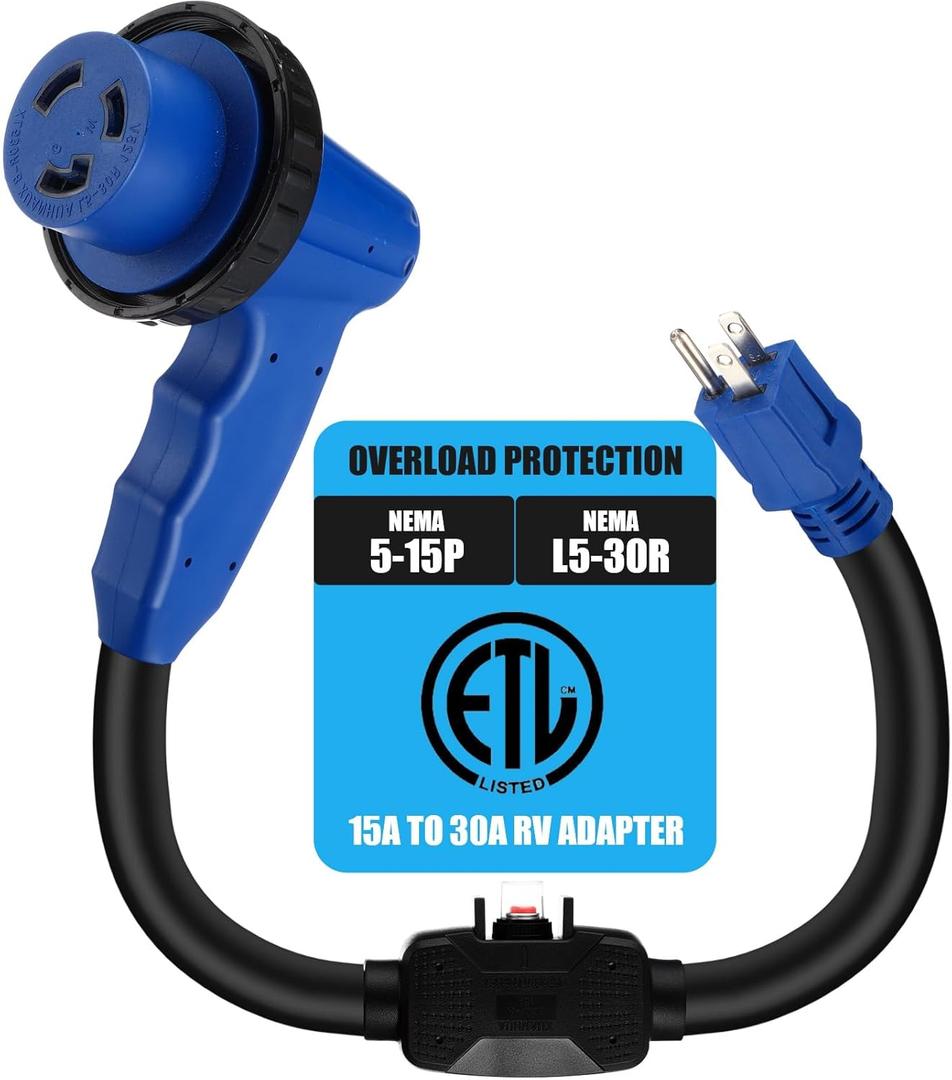 Kingdder 30 Amp to 110 RV Adapter with Overload Protector Circuit Breaker, Compatible with NEMA 5-15P to L5-30R Electrical Adapter with LED Power Indicator Easy Grip Handle, 18 Inch, Blue, ETL Listed