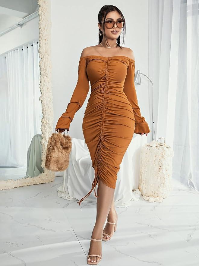 dress for women Off Shoulder Drawstring Front Bodycon Dress
 Size L