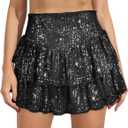 Women Sequin Skirt Sparkly Cute High Waist Ruffle Flowy Shiny Glitter Mini Short Skirts Night Out Club Party Black