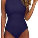 SUUKSESS Women One Piece Ruched Swimsuit Tummy Control Backless Bathing Suit (Small, Navy Blue)