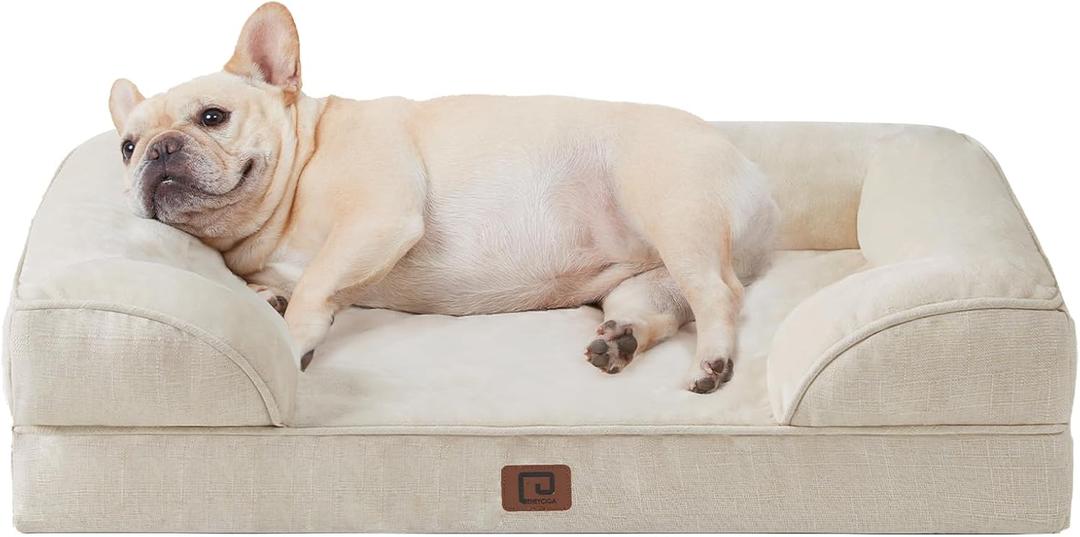 EHEYCIGA Orthopedic Dog Bed for Small Dogs, Waterproof Memory Foam Small Dog Beds with Sides, Non-Slip Bottom and Egg-Crate Foam Medium Pet Couch Bed with Washable Removable Cover, Beige (24.0"L x 18.0"W x 6"Th)