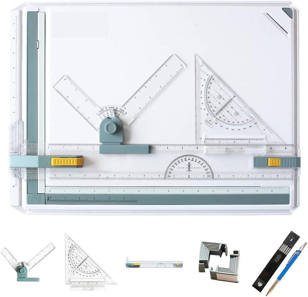 Inch A3 Drawing Board Drafting Table Multifunctional Drawing Board Table with Clear Rule Parallel Motion and Angle Adjustable Measuring System, 14.4"W x 19.7"H