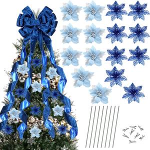 Dingion 48" x 13" Big Christmas Tree Topper Large Velvet Bow with Long Streamers Christmas Tree Ornaments with 8 Pcs 5.5 Inch Artificial Poinsettia Flowers Decorations for Xmas Decor(Royal Blue)
