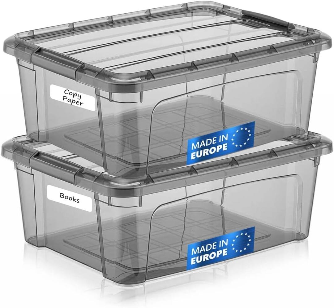 Tribello 12.5 Quart Storage Bins with Lids, Plastic Storage Containers with Latching Lids For Organizing - Tinted - (15.5 x 12 x 6) - Set of 2 - Made in EU