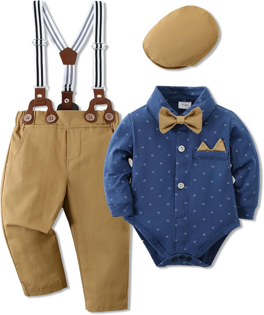 WESIDOM Baby Boy Clothes 0-18M Newborn Infant Gentleman Outfit, Shirt+Bowtie+Beret+Suspender Pant Baby boy Suit Clothing Set (0-3 Months, Navy Blue)