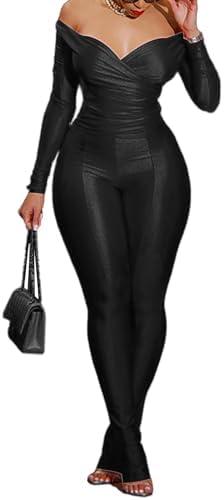 Sriswel Womens Sexy 2 Piece Outfits Off Shoulder Deep V Neck Tops Slit Hem Flare Pants Sparkly Jumpsuit Set Clubwear XXL