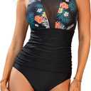 NEOSAN Women's One Piece Swimsuit V Neck Mesh Bathing Suit Monokinis (Large, Mesh High Neck Black Floral Print)