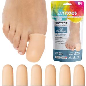 ZenToes 6 Pack Gel Toe Cap and Protector - Cushions and Protects to Provide Relief from Missing or Ingrown Toenails, Corns, Blisters, Hammer Toes (Large, Beige)