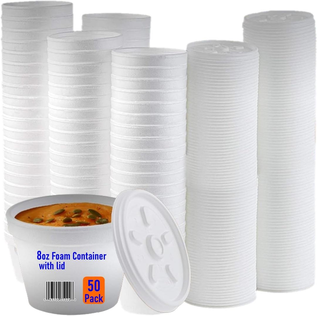Mr Miracle Foam Bowl with Lid for Hot and Cold Foods 8 Ounce Disposable Soup Container with Vented Lid, Great for Ice Cream, Yogurt, Soup, Takeout [50 pack]