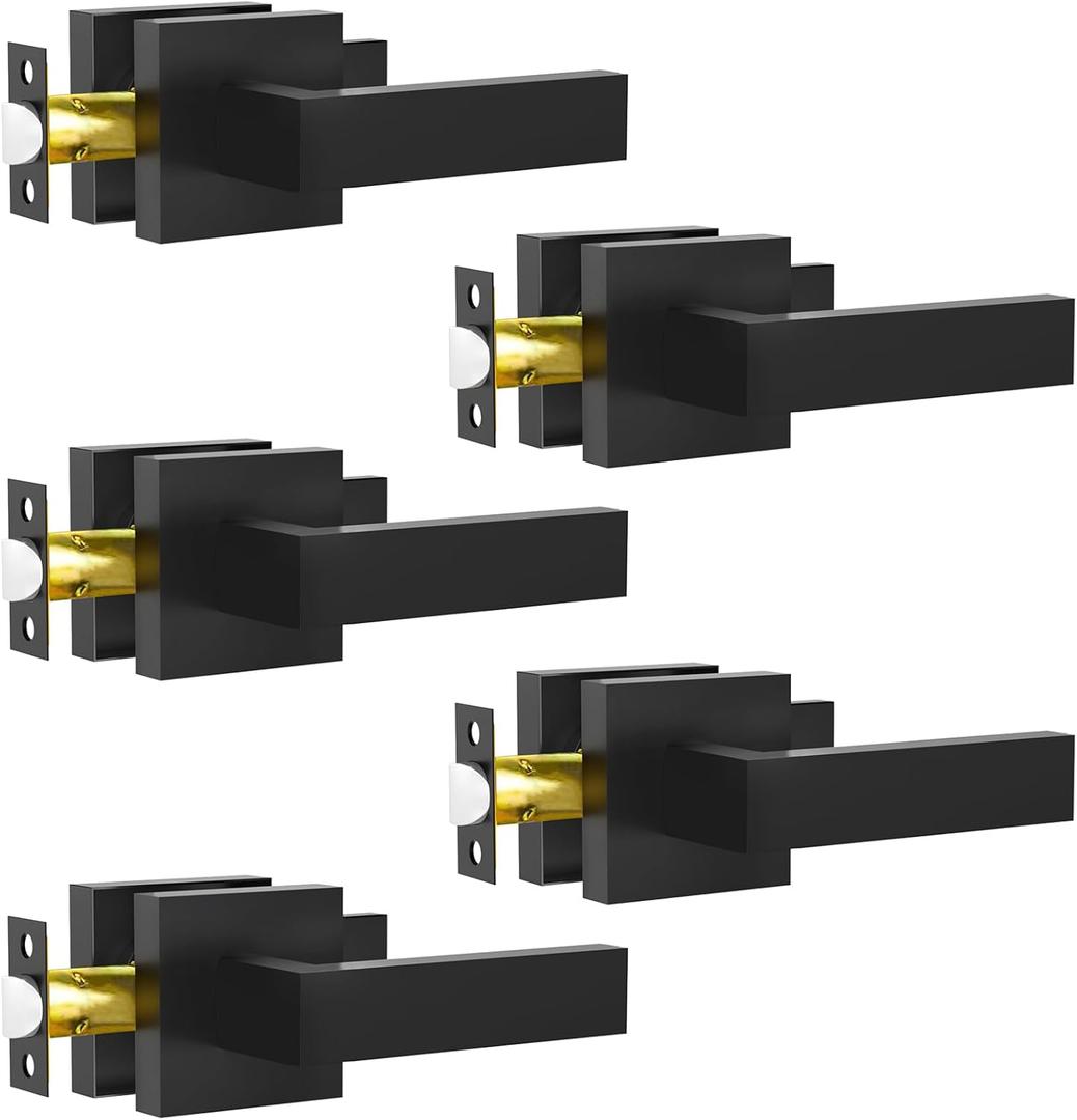 Passage Door Lever, 5 Pack Matte Black Interior Door Handles for Hallway and Closet, Heavy Duty Square Interior Keyless Door Handles Non-Locking Door Knobs for Right & Left Side Door