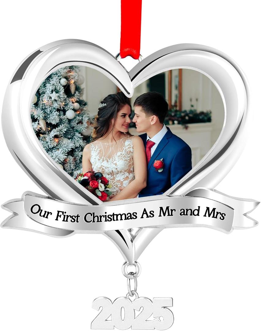 3 x Our First Christmas Married Personalized Photo Ornament 2025 As Mr. and Mrs - Our First Christmas Married Xmas Tree Picture Frame Ornament - 1st Xmas Bridal Shower Photo Ornaments Keepsake Gift