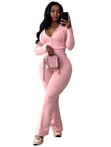 Nimsruc Crochet Sets Two Piece Women Lounge Wear Outfits Knit Sweater Pants Sets Long Sleeve Tracksuits Casual Sweatsuits Zipper Matching Clothing Pink L