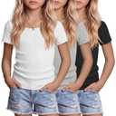 LessonZoo 3 Pack Girls Shirts Scoop Neck Ribbed T Shirts Teens Short Sleeve Slim Fit Summer Tees for Kids Age 5-14(White, Gray, Black,11-12 Years)