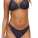 Women's Triangle String Bikini Sets Two Piece Halter Swimsuits Tie Lace Trim Cheeky Bathing Suits Swimwear (Black, S)