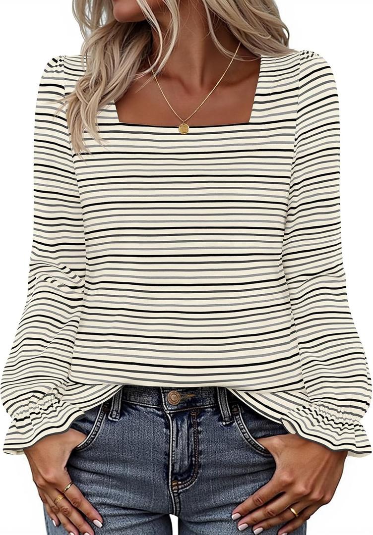 MEROKEETY Women's Fall Square Neck Striped Shirt Puff Long Sleeve Casual Loose Tops 2025 Trendy Blouse (L)