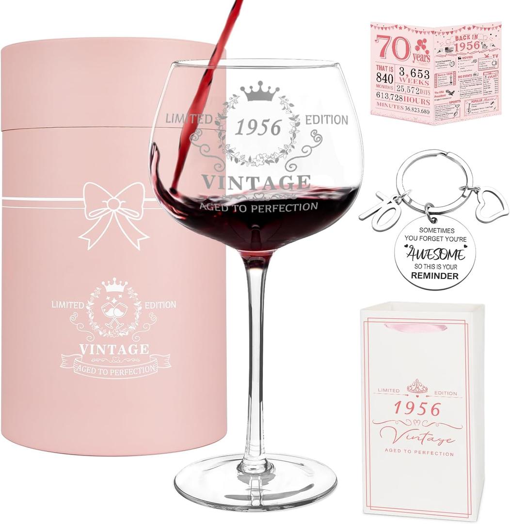 YeohJoy 70th Birthday Gifts for Women,Vintage 1956 Platinum Print Wine Glass, 70th Birthday Decorations for Women, Happy 70 Year Old Gift Ideas for Her, Wife, Friends - 16Oz Wine Glass