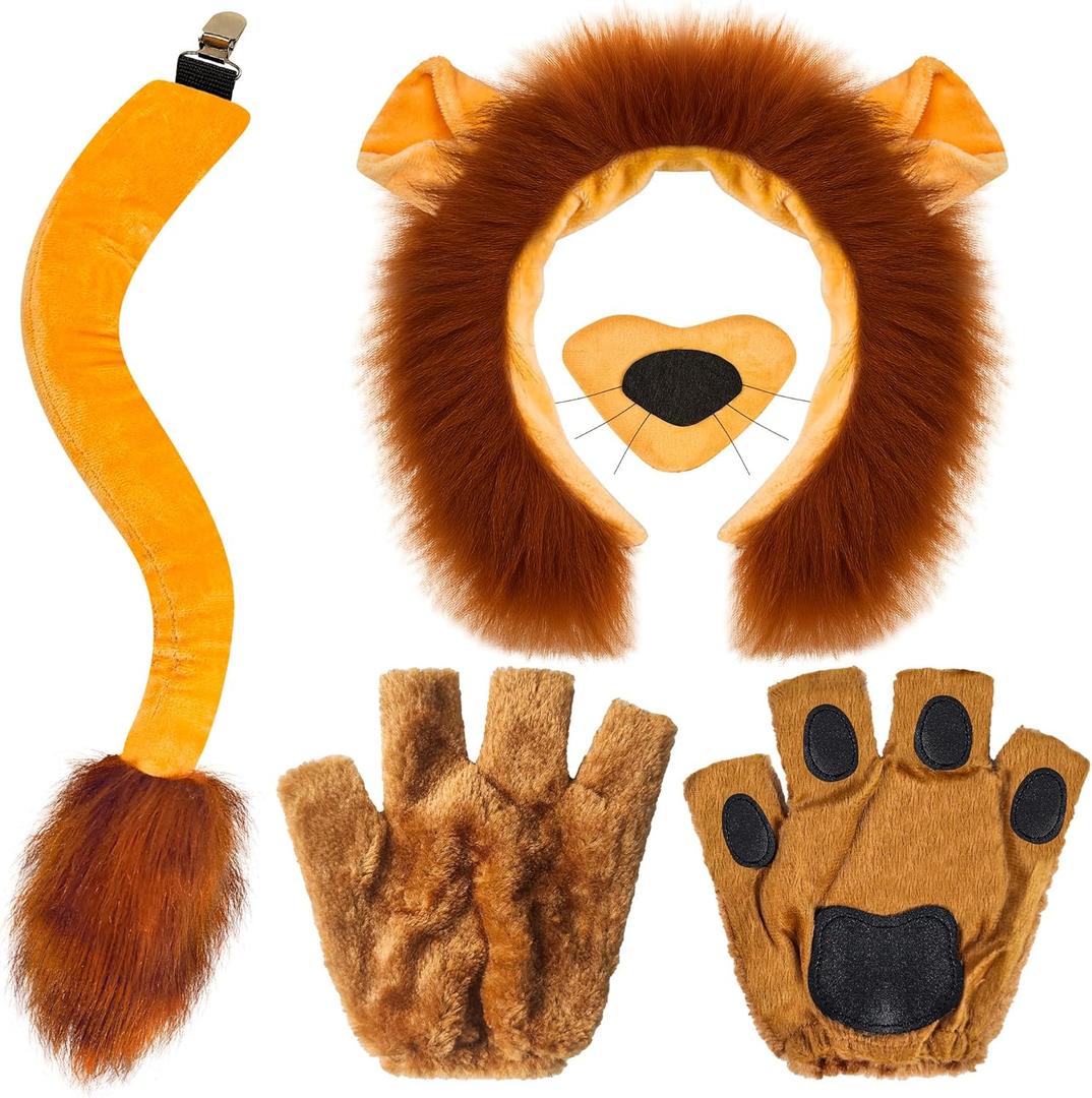 5 PCS Funny Lion Headband, Soft Lion Ears and Tail Set-Lion Headband Nose Tail Paw Gloves, for Adults and Kids, Cosplay, Party, Halloween Costume Accessories Yellow