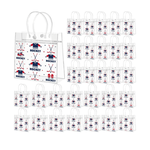 WZSTNBLA 30Pcs Ice Hockey Gift Bags Ice Hockey Party Favor Goodie Bag with Handles 8 x 8 x 3.15 Inch, Clear PVC Bags Sport Theme Treat Bag for Sports Team Gifts Birthday Holiday Party Supplies