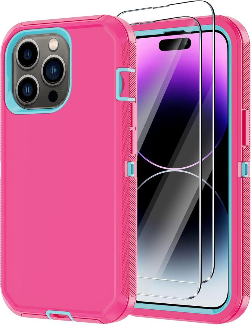 Annymall for iPhone 14 Pro Case with 2 Screen Protector, Heavy Duty Drop Protection Shockproof Full Body 3-Layer Military Rugged Durable Protective Cover for Apple iPhone 14 Pro 6.1" (Pink/Blue)