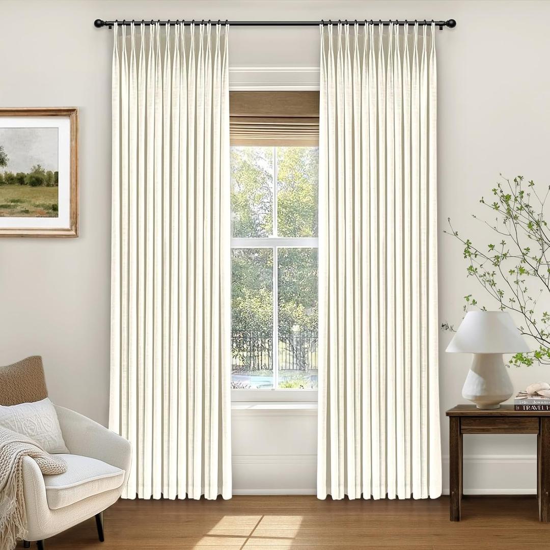 INOVADAY Pinch Pleated Curtains, 100% Light Blocking Linen Pinch Pleat Blackout Curtains for Bedroom, Thermal Insulated Blackout Drapes 2 Panels Set for Living Room - Natural on Linen, W40 x L96