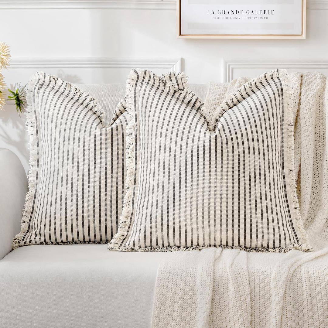 MIULEE Pack of 2 Black Pillow Covers 24x24 Inch Striped Farmhouse Couch Throw Pillow Covers with Fringe Chic Linen Decorative Cushion Eruo Sham for Sofa Living Room Bed Outdoor Home Decor