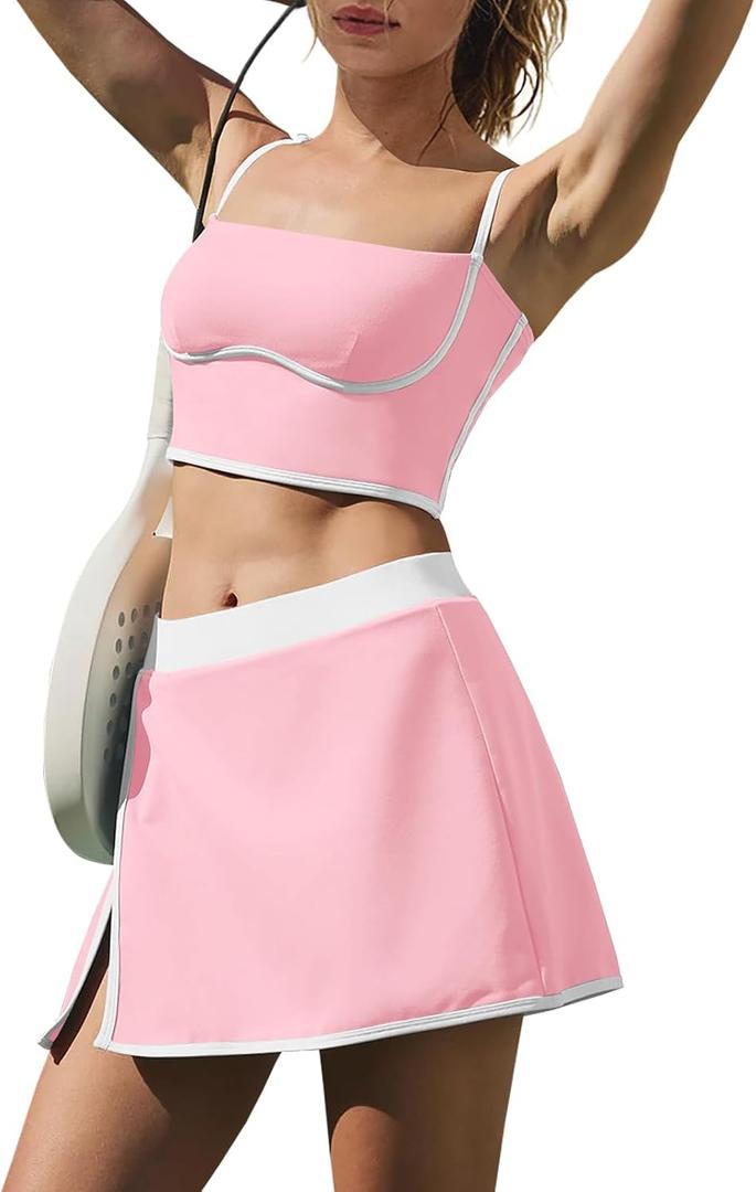 LAMISSCHE Womens Spaghetti Strap Tennis Skirt Sets with Built in Bra Shorts (Pink)