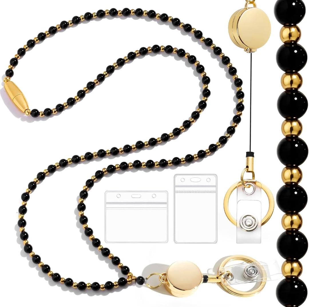 Lanyards with ID Badges Holder for Teachers Keys Card- Black Gold Women Breakaway Retractable Beaded Break Away Neck Lanyard with Holder for Name Tag Cruise Ship Cards Keys