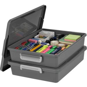 IRIS USA 6 Qt. Plastic Craft Storage Container Bins with Lids, 2 Pack, Small Art & Office Supply Organizer Tote, Sensory Bins & Boxes for Home & University, Stackable, Secure Latch Buckles, Gray