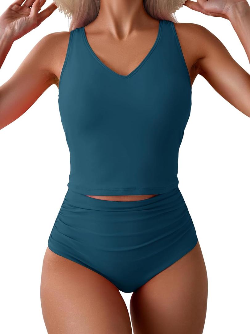 Eomenie Two Piece Tankini Swimsuits for Women Tummy Control Bathing Suits U Back Swim Tank Top with High Waisted Bottom (Blue, M)