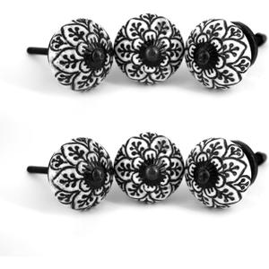 Set of 6 Black & White Vintage Ceramic Knobs | Stylish Modern Drawer Knobs | Trendy Cabinet Door Knobs | Simple Hardware for Kitchen, Bathroom Cabinets & Dressers (Spade)