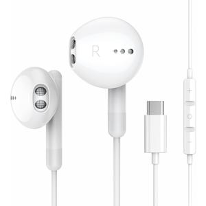 USB C Headphones for iPhone 17 16 15 Pro Max Plus iPad Pro USB C Earphones with Microphone Volume Control USB C Wired Earbuds USB Type C Earphone for Google Pixel 8 Samsung S25 S24 S23 S22 S21 S20 A55 (White)