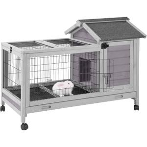 Wooden Rabbit Hutch Indoor and Outdoor, Rabbit Cage with Removable Wire Netting and Leak Proof Tray, Mobile Bunny Cage with Wheels (Grey)