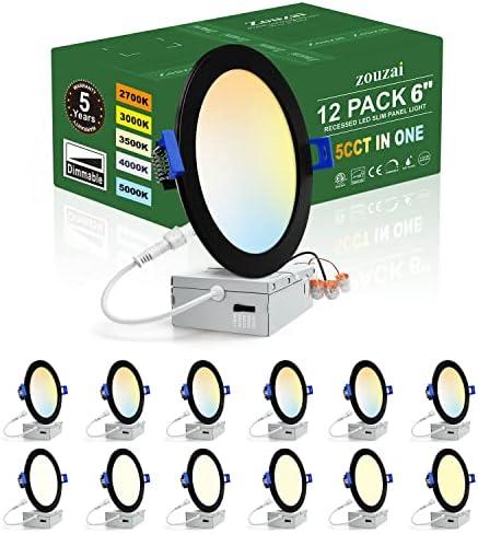 zouzai 12 Pack 6 Inch Black 5CCT Reset LED Recessed Ceiling Light with Junction Box, 2700K/3000K/3500K/4000K/5000K Selectable, 12W Eqv 110W,Dimmable, led can Lights- ETL and Energy Star Certified 