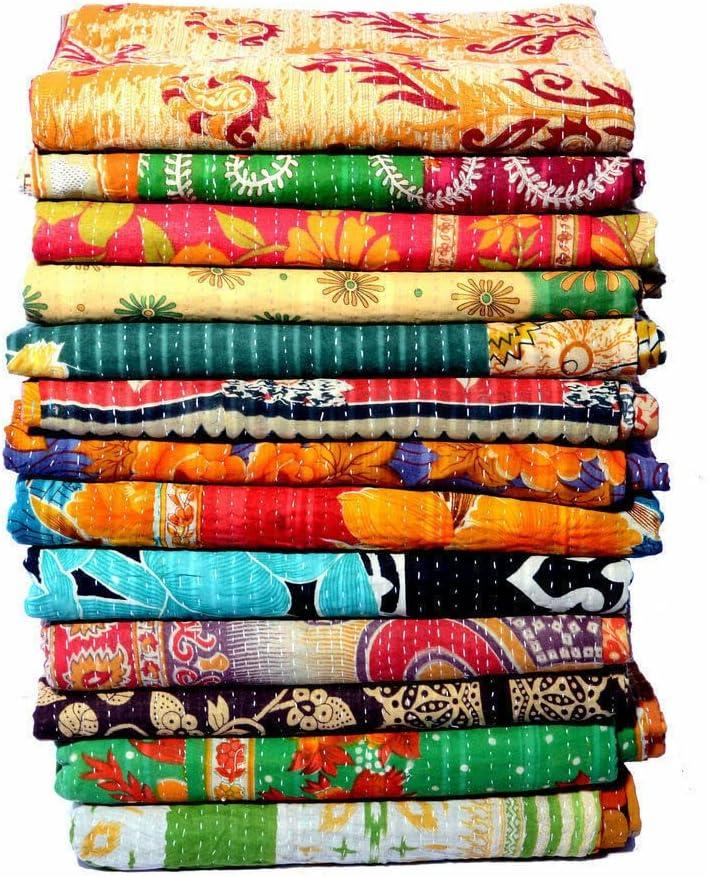Indian Vintage Handmade Kantha Quilts Tribal Kantha Cotton Bed Cover Throw Assorted Patches Made Rally Reversible Bedspread Throw Old Sari Assorted Patches Indian Blanket(10 PCS), Large 82 X 52 In
