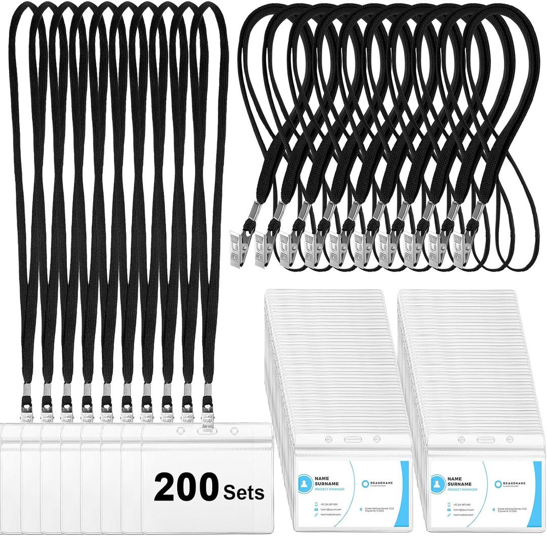 Marspark 200 Sets Clear Name Tags with Lanyard, Lanyards for ID Badges Reusable Strap with ID Holder Plastic Name Badges for Adults Business School Church Conference (Black)