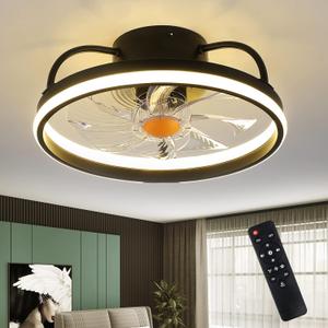 Flush Mount Ceiling Fans with Lights and Remote ControlModern Enclosed Bladeless,15'' Low Profile Ceiling Fan with Stepless Dimming Lighting Fixture for Bedroom KitchenBlack