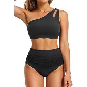 Women High Waisted Bikini - One Shoulder Bathing Suit Tummy Control Two Piece Swimsuit 2025 (Large, Black)